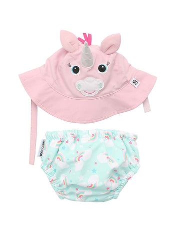 Bañador pañal y gorrito unicornio azul claro y rosa